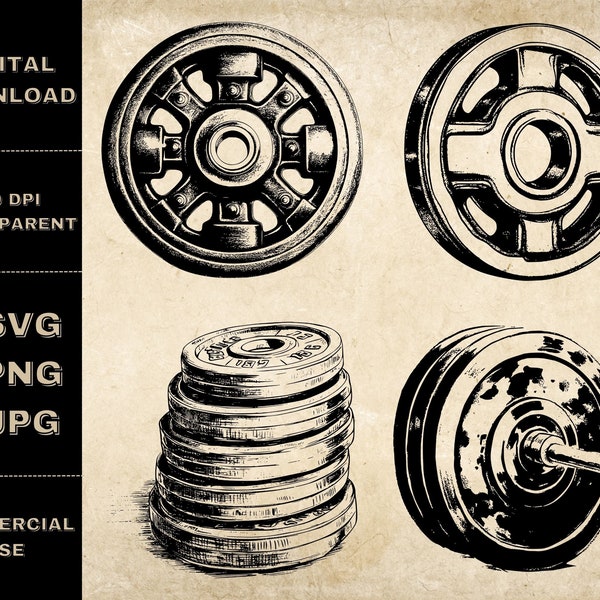 Weight Plate SVG Bundle, PNG, Bodybuilding Clipart, Hand Drawn Gym Weight Plates Vector Illustration, SVG Files For Laser Engraving