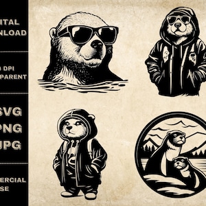Cool Otter SVG Bundle, PNG, Funny Otter Clipart, Hand Drawn Otter With Sunglasses Vector Illustration, SVG Files For Laser Engraving