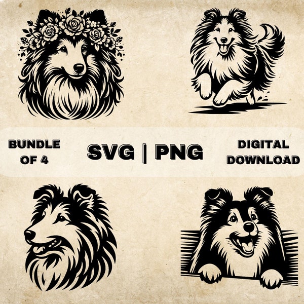 Shetland Sheepdog SVG-Bundle, Sheltie Clipart, handgezeichnete Hund Thema Vektor-Illustration, SVG-Dateien für die Lasergravur & das Basteln