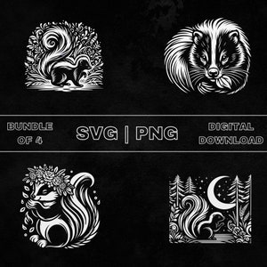 Peut inclure: Un lot de quatre illustrations numériques en noir et blanc de mouffettes à télécharger. Les mouffettes sont représentées dans différentes poses, dont une avec une couronne de fleurs, une dans un décor de forêt et une avec un fond floral. Le texte "Bundle of 4" et "SVG | PNG" est affiché en bas de l'image.