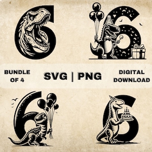 Dinosaur 6th Birthday SVG Bundle, Sixth Birthday Clipart, Hand Drawn Dino Themed Vector Illustration, SVG Files For Laser Engraving & Craft