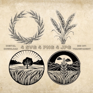 Wheat Scene SVG Bundle, PNG, Wheat Wreath Clipart, Hand Drawn Wheat Vector Illustration, SVG Files For Laser Engraving