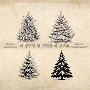 Pacchetto SVG dell'albero di Natale, PNG, Clipart di Natale decorativo, Illustrazione vettoriale degli alberi invernali disegnati a mano, File SVG per l'incisione laser