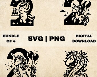 Unicorn 2nd Birthday SVG Bundle, Second Birthday Clipart, Hand Drawn Girl Themed Vector Illustration, SVG Files For Laser Engraving & Craft