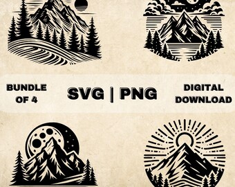 Mountain With Sun SVG Bundle, Nature Scene Clipart, Hand Drawn Landscape Theme Vector Illustration, SVG Files For Laser Engraving & Craft