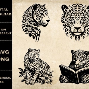 Leopard Kopf SVG Bundle, PNG, Wildtier Clipart, Handgezeichnete Wildkatze Vektor Illustration, SVG-Dateien für Lasergravur