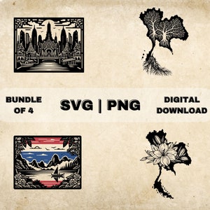 Thailand SVG Bundle, Thai Flag Clipart, Thailand Roots, Flower, Bangkok Skyline, Art Theme Vector, PNG Files For Laser Engraving & Craft