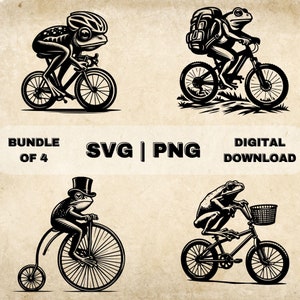 Paquete SVG de rana en bicicleta, PNG, imágenes prediseñadas de rana montando, ilustración vectorial de rana linda dibujada a mano, archivos SVG para grabado láser