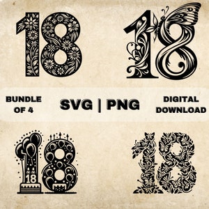 Paquete SVG número 18, imágenes prediseñadas del cumpleaños número 18, ilustración vectorial temática dieciocho dibujada a mano, archivos SVG para grabado láser y artesanía