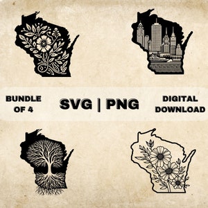 Wisconsin State SVG Bundle, Wisconsin Clipart, Milwaukee Skyline, Flower, Roots Art Theme Vector, PNG Files For Laser Engraving & Craft