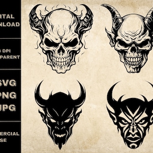 Demon SVG Bundle, PNG, Devil Skull Clipart, Handgetekende schedels met hoorns Animal Vector Illustratie, SVG-bestanden voor lasergravure