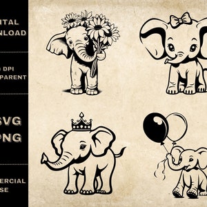 Cute Elephant SVG Bundle, PNG, Baby Elephant Clipart, Hand Drawn Elephant Vector Illustration, SVG Files For Laser Engraving