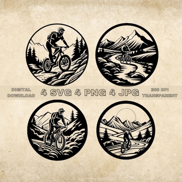 Mountain Bike SVG Bundle, PNG, Biker Clipart, Hand Drawn Mountain Bikes Vector Illustration, SVG Files For Laser Engraving