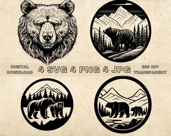 Bear SVG Bundle, PNG, Bear Mountain Scene Clipart, Hand Drawn Bear Vector Illustration, SVG Files For Laser Engraving