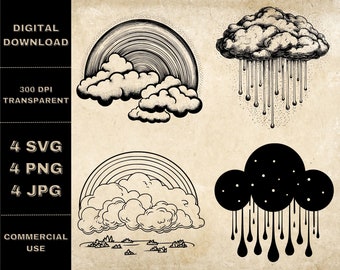 Cloud And Rainbow SVG Bundle, PNG, Rainbow Clipart, Hand Drawn Cloud Vector Illustration, SVG Files For Laser Engraving