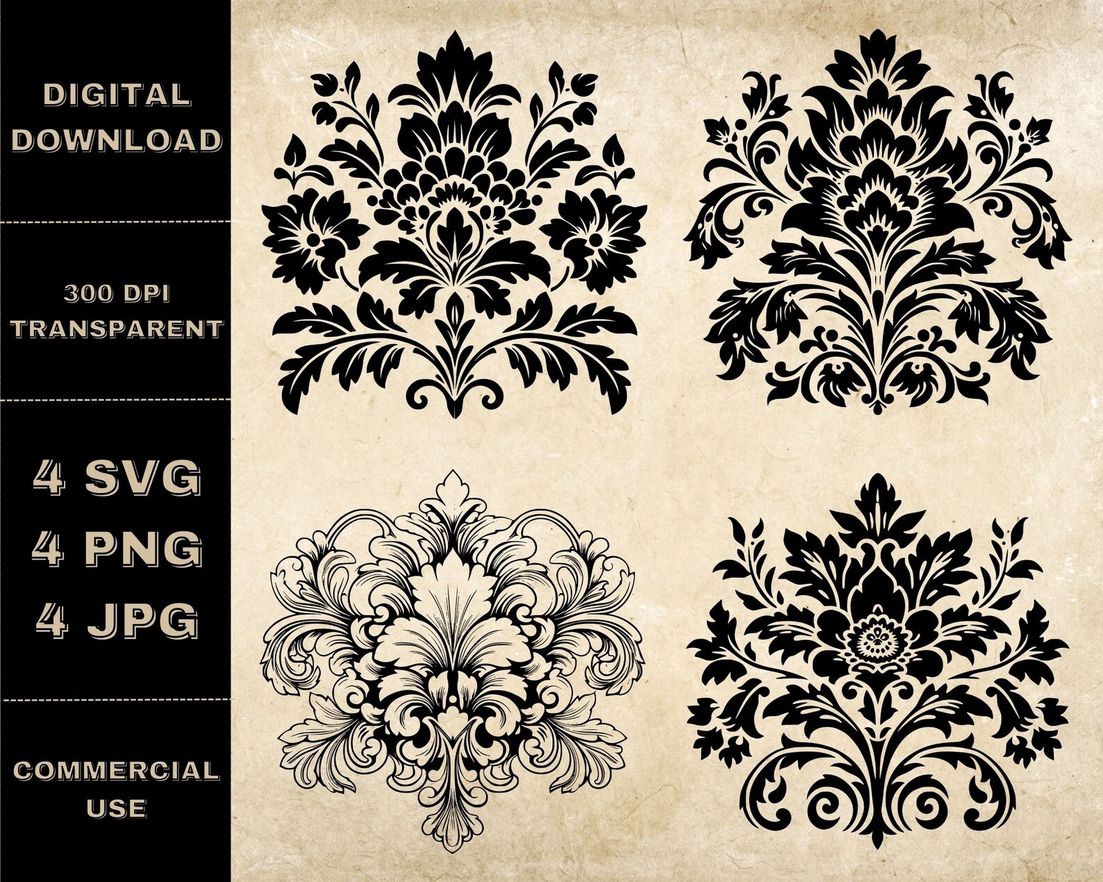 Damask SVG Bundle, PNG, Damask Clipart, Hand Drawn Damask Vector ...