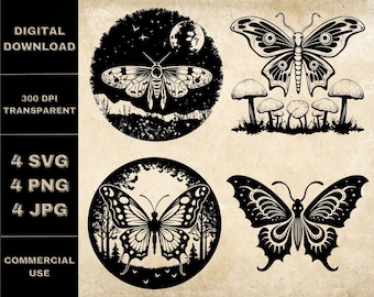 Luna Moth SVG Bundle, PNG, Moth Clipart, Hand Drawn Celestial Butterfly Vector Illustration, SVG Files For Laser Engraving