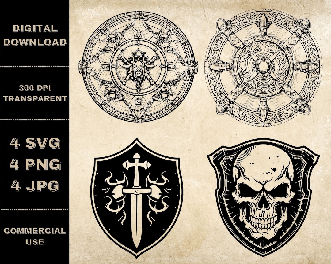 Shield SVG Bundle, PNG, Viking Shield Clipart, Hand Drawn Skull Shield