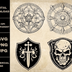 Shield SVG Bundle, PNG, Viking Shield Clipart, Hand Drawn Skull Shield Illustration, SVG Files For Laser Engraving