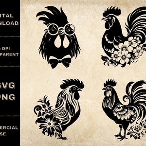 May include: Four black and white silhouette images of roosters. One rooster is wearing glasses and a bow tie. Two roosters have floral designs on their bodies. One rooster has a floral design around its neck.
