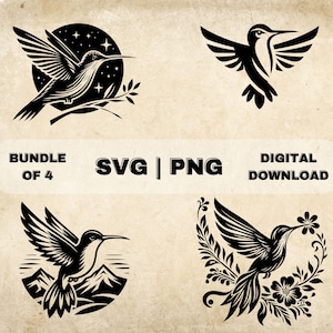 Paquete SVG de colibrí, imágenes prediseñadas de aves, ilustración vectorial de tema de aves dibujadas a mano, archivos SVG para grabado láser y artesanía