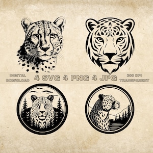 Cheetah SVG Bundle, PNG, Wild Animal Clipart, Hand Drawn Cheetah Vector Illustration, SVG Files For Laser Engraving