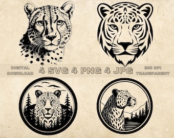 チーター SVG バンドル、PNG、野生動物のクリップアート、手描きのチーターのベクターイラスト、レーザー彫刻用の SVG ファイル