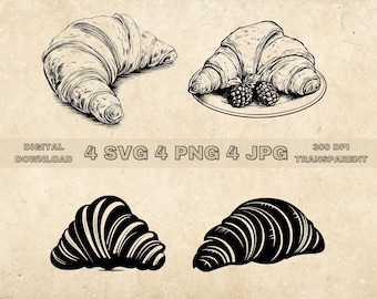 Croissant SVG Bundle, PNG, Croissant Clipart, Hand Drawn Croissant Vector Illustration, SVG Files For Laser Engraving
