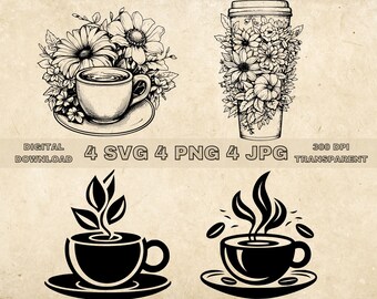 Koffie SVG-bundel, PNG, Floral Coffee Clipart, Handgetekende koffie vectorillustratie, SVG-bestanden voor lasergravure