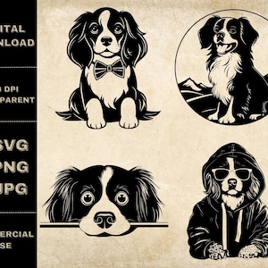 Cavalier King Charles Spaniel SVG Bundle, PNG, niedliche Hunde Clipart, handgezeichnete Späher Hund Vektor Illustration, SVG-Dateien für die Lasergravur