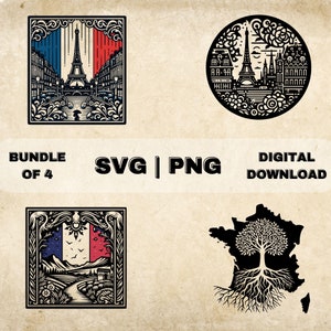 Paquete SVG de Francia, Imágenes Prediseñadas de París, Horizonte de París, Bandera, Raíces, Ilustración de vector de tema de arte francés, Archivos PNG para grabado láser y artesanía