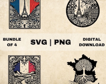 France SVG Bundle, Paris Clipart, Paris Skyline, Flag, Roots, French Art Theme Vector Illustration, PNG Files For Laser Engraving & Craft