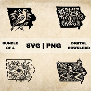 Iowa State SVG Bundle, Iowa Clipart, Iowa Flower, Goldfinch Bird, Bur Oak Tree Roots Art Theme Vector, PNG Files For Laser Engraving & Craft