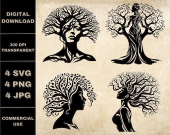 Kvinnaträd SVG-paket, PNG, unik kvinnaclipart, handritad kvinnavektorillustration, SVG-filer för lasergravering
