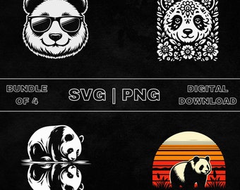 Cute Panda SVG Bundle, Panda Clipart, Hand Drawn Floral Panda Theme Vector Illustration, PNG Files For Laser Engraving & Craft