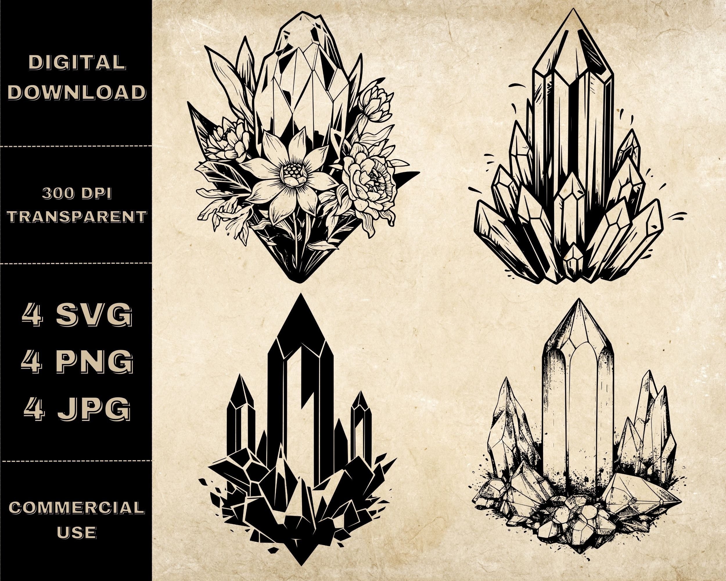 Floral Crystal SVG Bundle, PNG, Magic Crystal Clipart, Hand Drawn ...