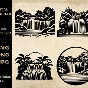 Waterfall SVG Bundle, PNG, Landscape Clipart, Hand Drawn Waterfall Vector Illustration, SVG Files For Laser Engraving