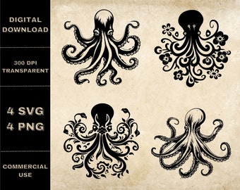 Octopus SVG Bundle, PNG, Octopus Clipart, Hand Drawn Sea Creature Vector Illustration, SVG Files For Laser Engraving