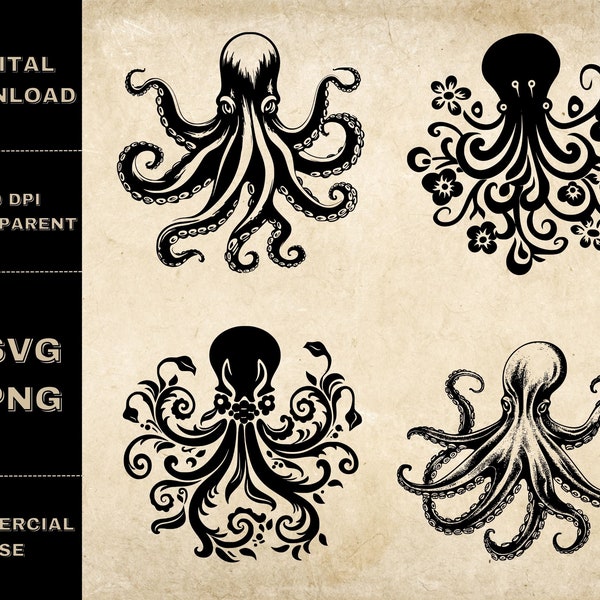 Octopus SVG Bundle, PNG, Octopus Clipart, Hand Drawn Sea Creature Vector Illustration, SVG Files For Laser Engraving