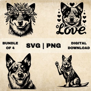 Pacchetto SVG di cani bovini australiani, clipart per cani, illustrazione vettoriale a tema cani disegnati a mano, file SVG per incisione laser e artigianato
