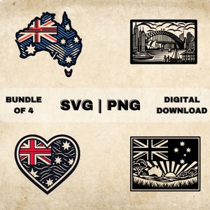 Australia Map SVG Bundle, Australian Flag Clipart, Sydney Art Theme Vector Illustration, PNG Files For Laser Engraving & Craft