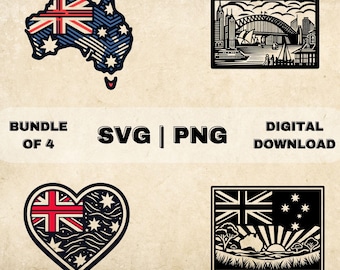Australia Map SVG Bundle, Australian Flag Clipart, Sydney Art Theme Vector Illustration, PNG Files For Laser Engraving & Craft