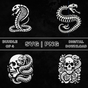 蛇の頭蓋骨 SVG バンドル、蛇の骨格クリップアート、手描きの蛇好きテーマのベクターイラスト、レーザー彫刻と工芸用の PNG ファイル