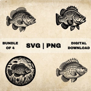 Crappie Fish SVG Bundle, Fishing Clipart, Hand Drawn Crappie Fisherman Theme Vector Illustration, PNG Files For Laser Engraving & Craft