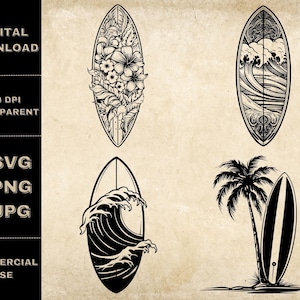 Hawaiian Surfboard SVG Bundle, PNG, Surfer Clipart, Hand Drawn Surf Board Vector Illustration, SVG Files For Laser Engraving
