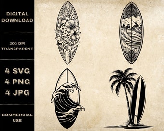 Hawaiian Surfboard SVG Bundle, PNG, Surfer Clipart, Hand Drawn Surf Board Vector Illustration, SVG Files For Laser Engraving