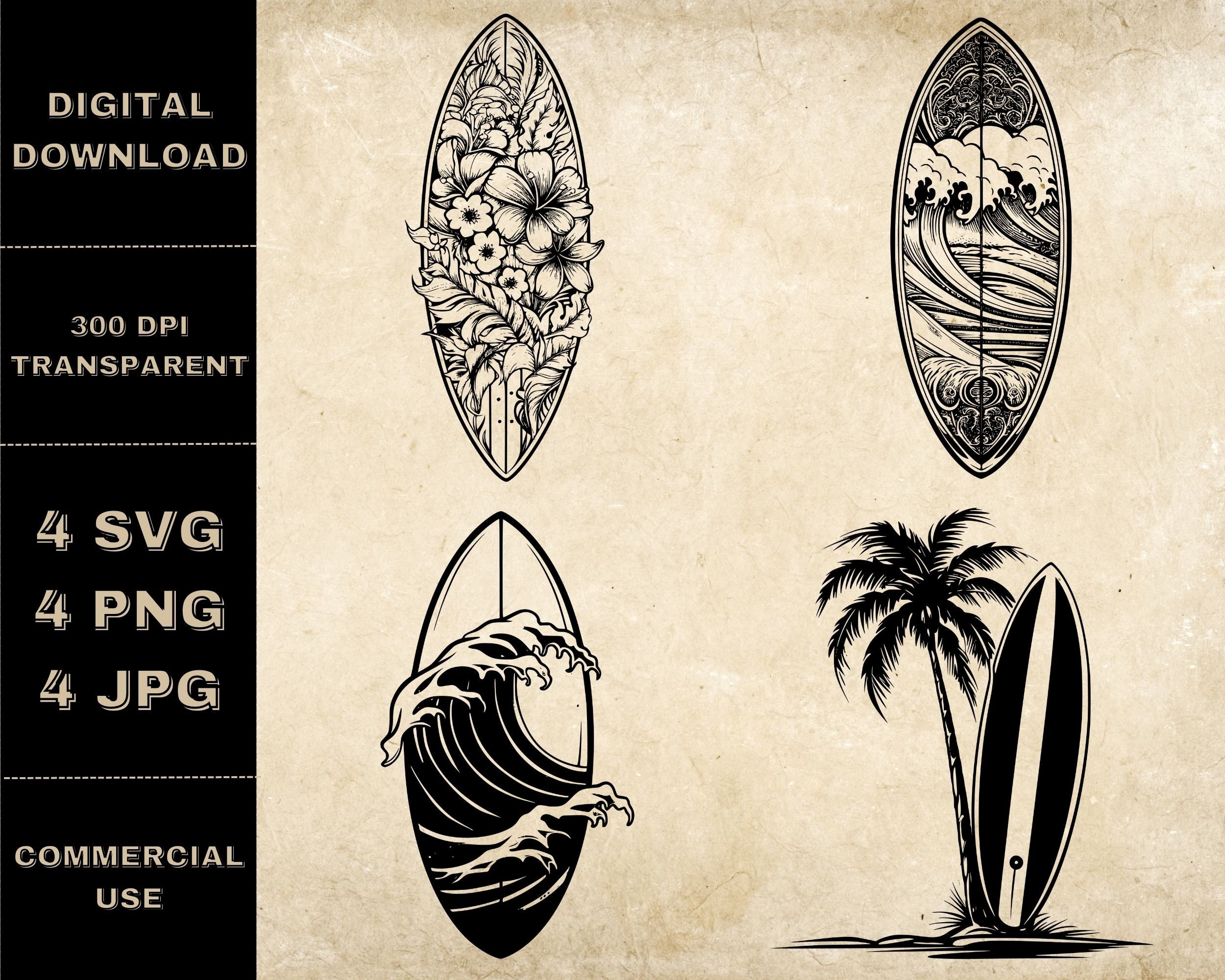 Hawaiian Surfboard SVG Bundle, PNG, Surfer Clipart, Hand Drawn