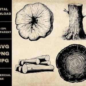 Logging SVG Bundle, PNG, Wooden Log Clipart, Hand Drawn Wood Slice And Tree Trunk Machine Vector Illustration, SVG Files For Laser Engraving