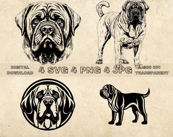 Mastiff SVG Bundle, PNG, Cute Dogs Clipart, Hand Drawn Dog Vector Illustration, SVG Files For Laser Engraving