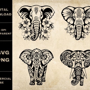 Pacote SVG de elefante floral, PNG, clipart de elefante, ilustração vetorial de flores de mandala desenhada à mão, arquivos SVG para gravação a laser
